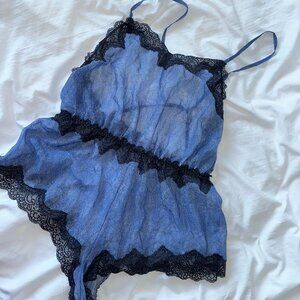 Savage X Fenty By Rihanna Denim Print Lace Trim Blue Lingerie Romper XS NW